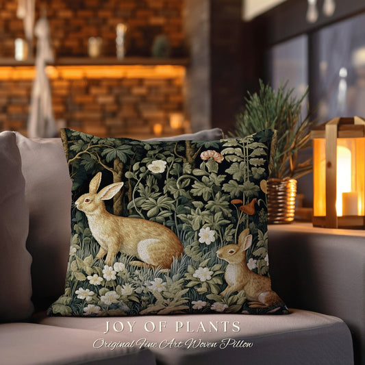 Wildflower Bunnies Pillow | Fairycore Woven Accent Pillow Cottagecore Room Decor Bunny Aesthetic Rabbit Cushion Forestcore Botanical