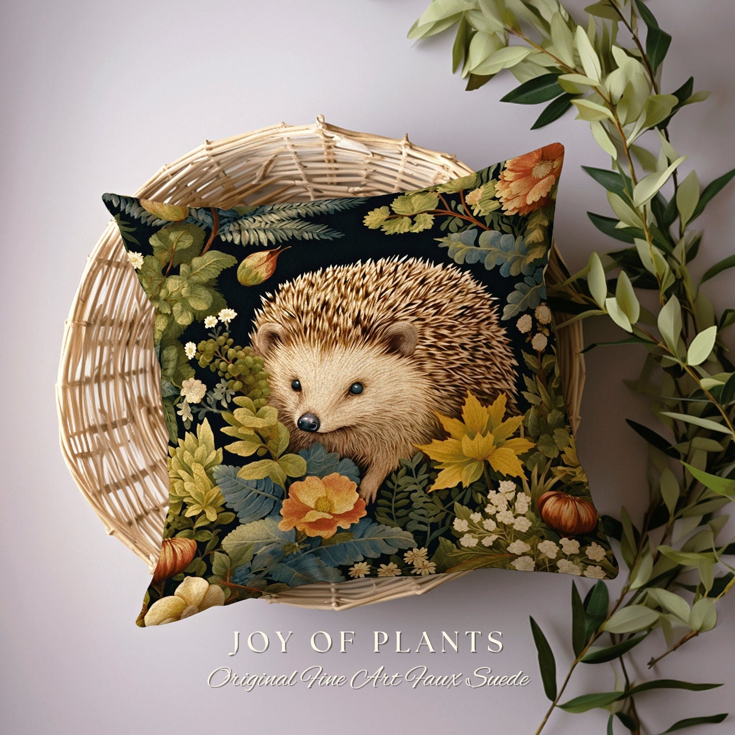 Morris Style Hedgehog Throw Pillow | William Morris Inspired Pillow Vintage Forestcore Throw Pillow Home Decor Custom Morris Style Hedge Hog