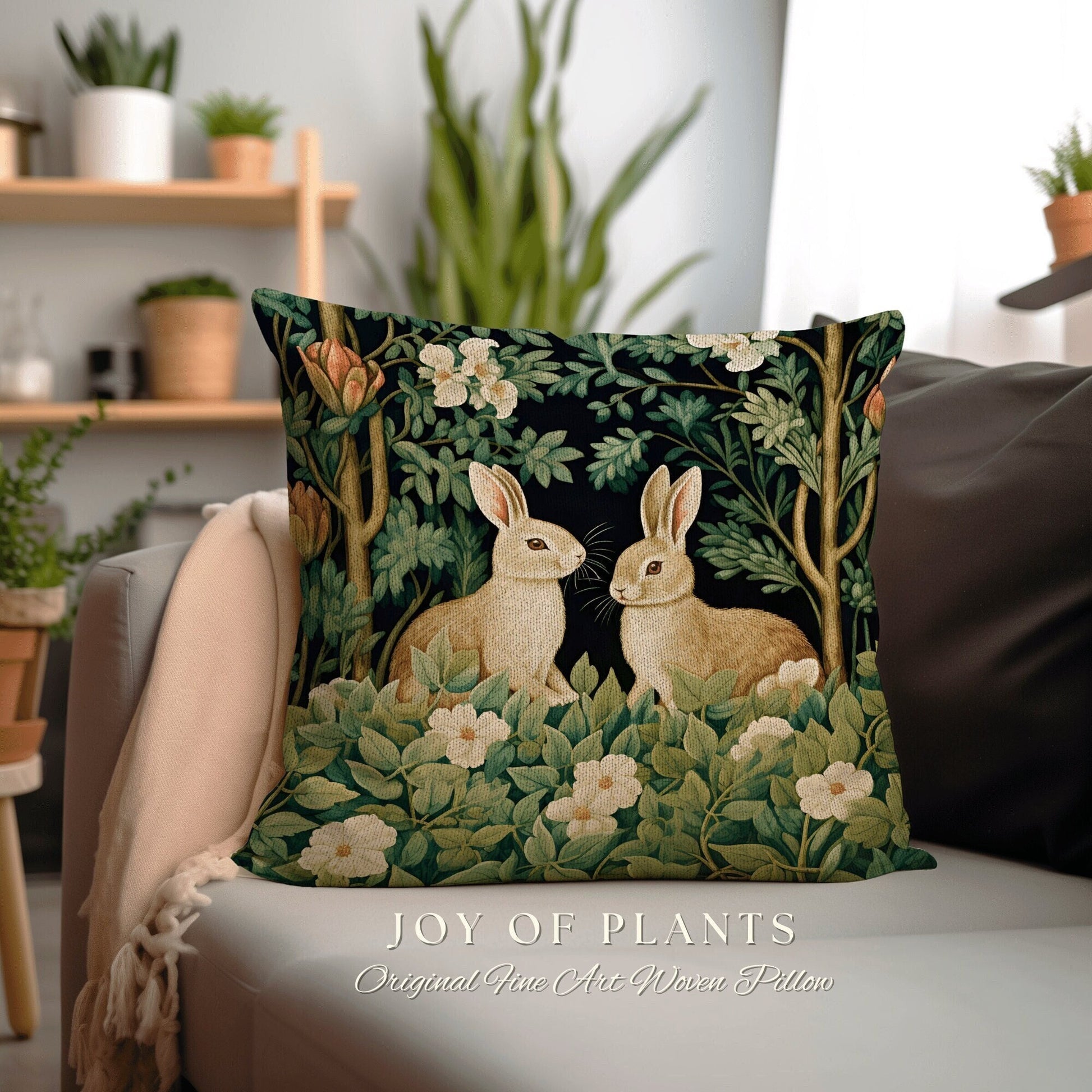 Mystic Aesthetic Rabbit Pillow | Fairy Core Woven Accent Pillow Dark Academia Room Decor Bunny Cushion Forestcore Botanical Throw Floral