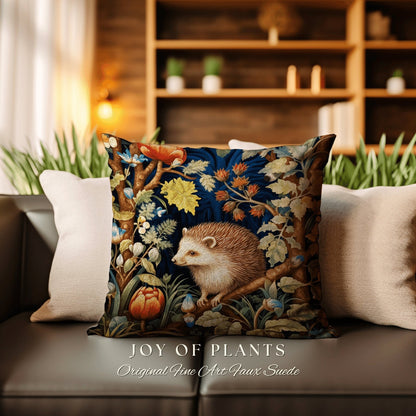 Maximalist Hedgehog Pillow | Morris Inspired Pillow Woodland Cottagecore Decor Pillow Maximalist Home Decor Custom Morris Style Hedge Hog |