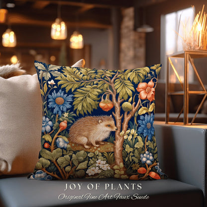 Hedgehog Throw Pillow | William Morris Inspired Pillow Woodland Cottagecore Decor Pillow Maximalist Home Decor Custom Morris Style Hedgehog