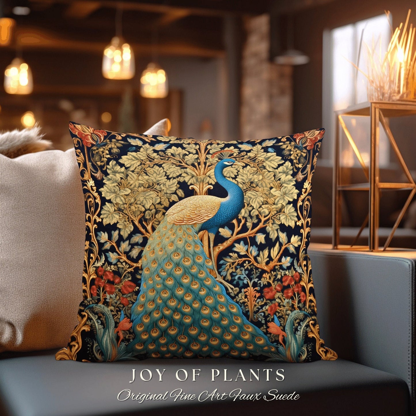 Maximalist Aesthetic Peacock Pillow | William Morris Inspired Peacock Woodland Decor Cushion Botanical Ornate Home Decor Eclectic Throw