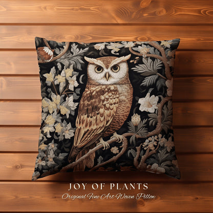 Morris Owl Woven Throw Pillow | William Morris Inspired Throw Pillow Woodland Forestcore Decor Pillow Maximalist Home Decor Throw Pillow Owl