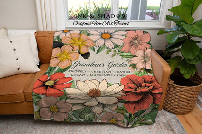 Birth Month Flower Garden Blanket | Gift from Grandkids Custom Family Name Blanket Personalized Custom Flower Throw Blanket Gift for Mom |