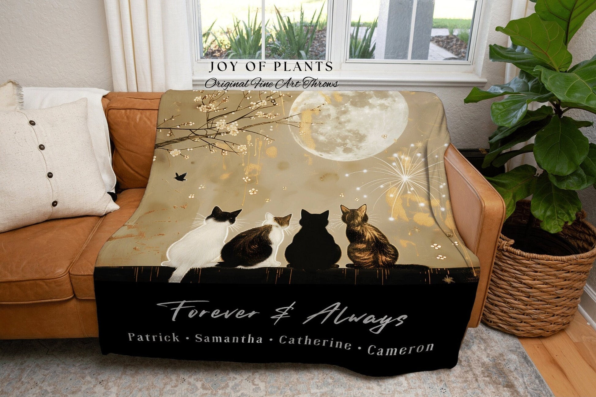 Personalized Cat Family Blanket | Custom Cat Mom Blanket with Grandchildren Names Meaningful Parent Woven Tapestry Custom Woven Throw