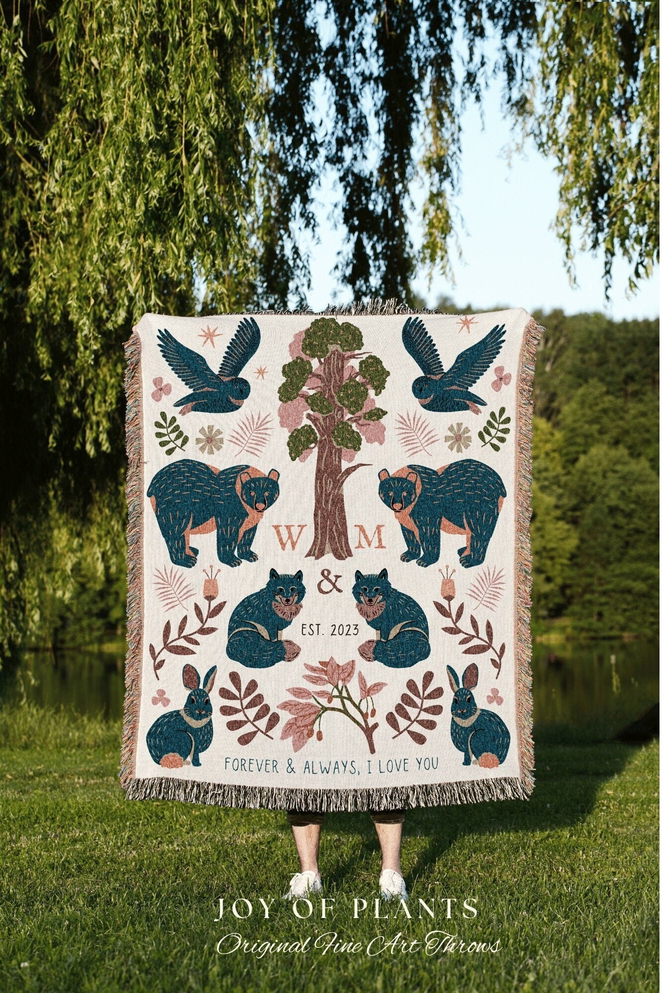 Royal Blue Woodland Blanket Custom Anniversary Gift Cottagecore Wedding Initials Blanket Personalized Couples Gift Blanket Custom Tapestry |