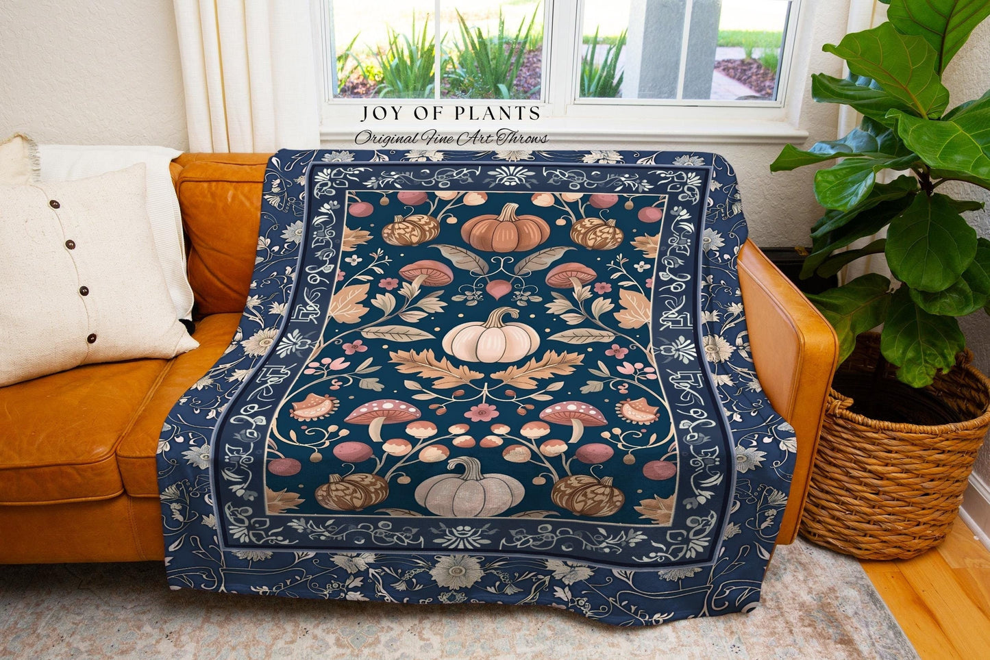 Country Cottage Cozy Elegance Boho Pumpkin Blanket Rustic Blue Farmhouse Throw | Whimsical Floral Cottagecore Decor Vintage Fall Aesthetic