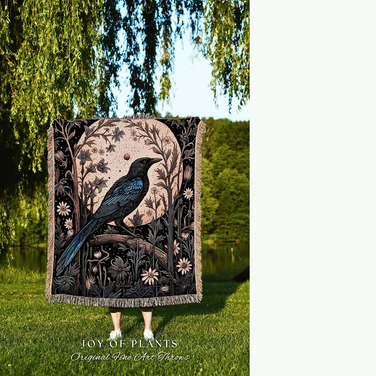 Light Gothic Raven Room Decor Dark Academia Tapestry Blanket Woven Crowcore Art | Dark Floral Crow Moon Mystic Woven Whimsigoth Wall Hanging