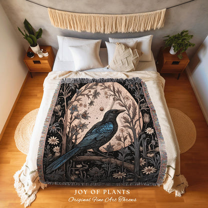 Light Gothic Raven Room Decor Dark Academia Tapestry Blanket Woven Crowcore Art | Dark Floral Crow Moon Mystic Woven Whimsigoth Wall Hanging