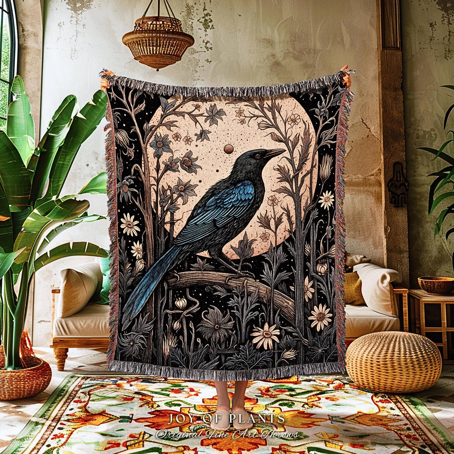 Light Gothic Raven Room Decor Dark Academia Tapestry Blanket Woven Crowcore Art | Dark Floral Crow Moon Mystic Woven Whimsigoth Wall Hanging