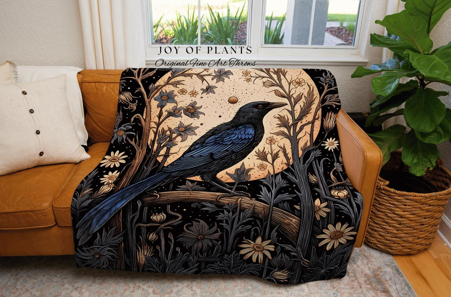 Light Gothic Raven Room Decor Dark Academia Tapestry Blanket Woven Crowcore Art | Dark Floral Crow Moon Mystic Woven Whimsigoth Wall Hanging