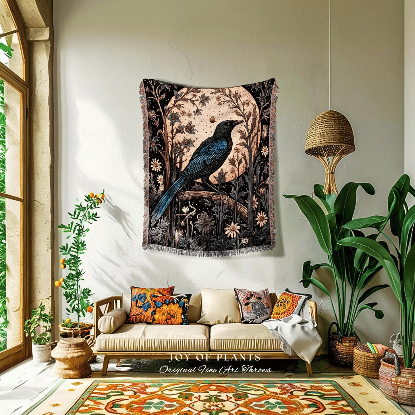 Light Gothic Raven Room Decor Dark Academia Tapestry Blanket Woven Crowcore Art | Dark Floral Crow Moon Mystic Woven Whimsigoth Wall Hanging