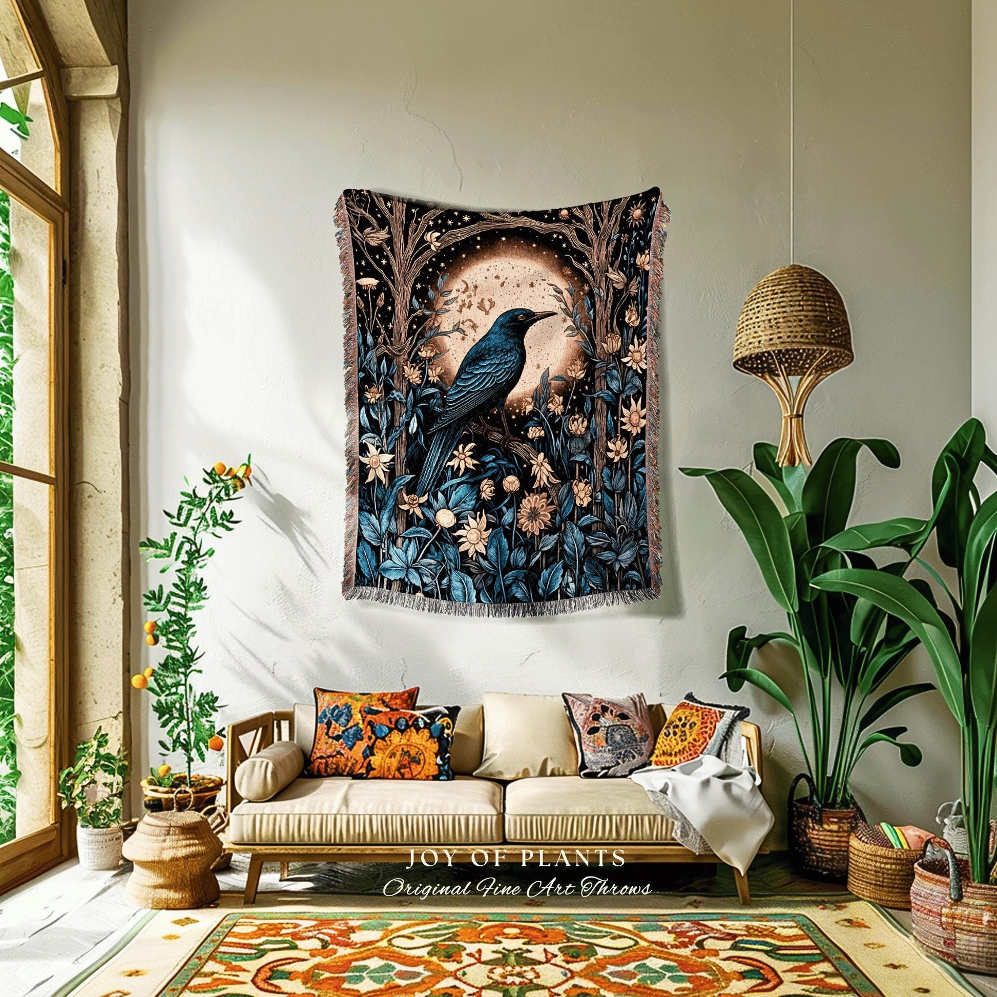 Moonlit Dark Forest Raven Floral Throw Blanket Grunge Fairycore Crowcore Decor Moody Maximalism Crow Moon Cozy Gothic Celestial Cottagecore