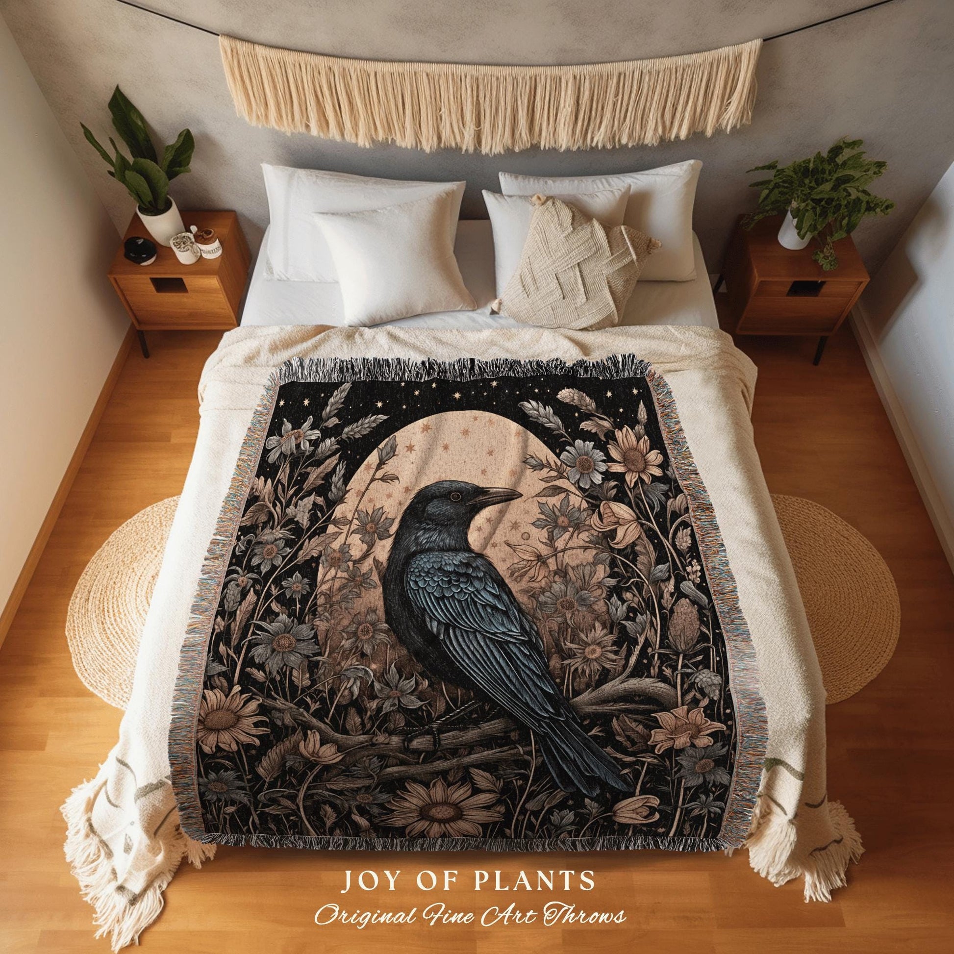 Woodland Gothic Cozy Dark Floral Crow Blanket Celestial Forestcore Raven Tapestry Throw Whimsical Crowcore Vulture Culture Whimsigoth Decor