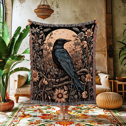 Woodland Gothic Cozy Dark Floral Crow Blanket Celestial Forestcore Raven Tapestry Throw Whimsical Crowcore Vulture Culture Whimsigoth Decor