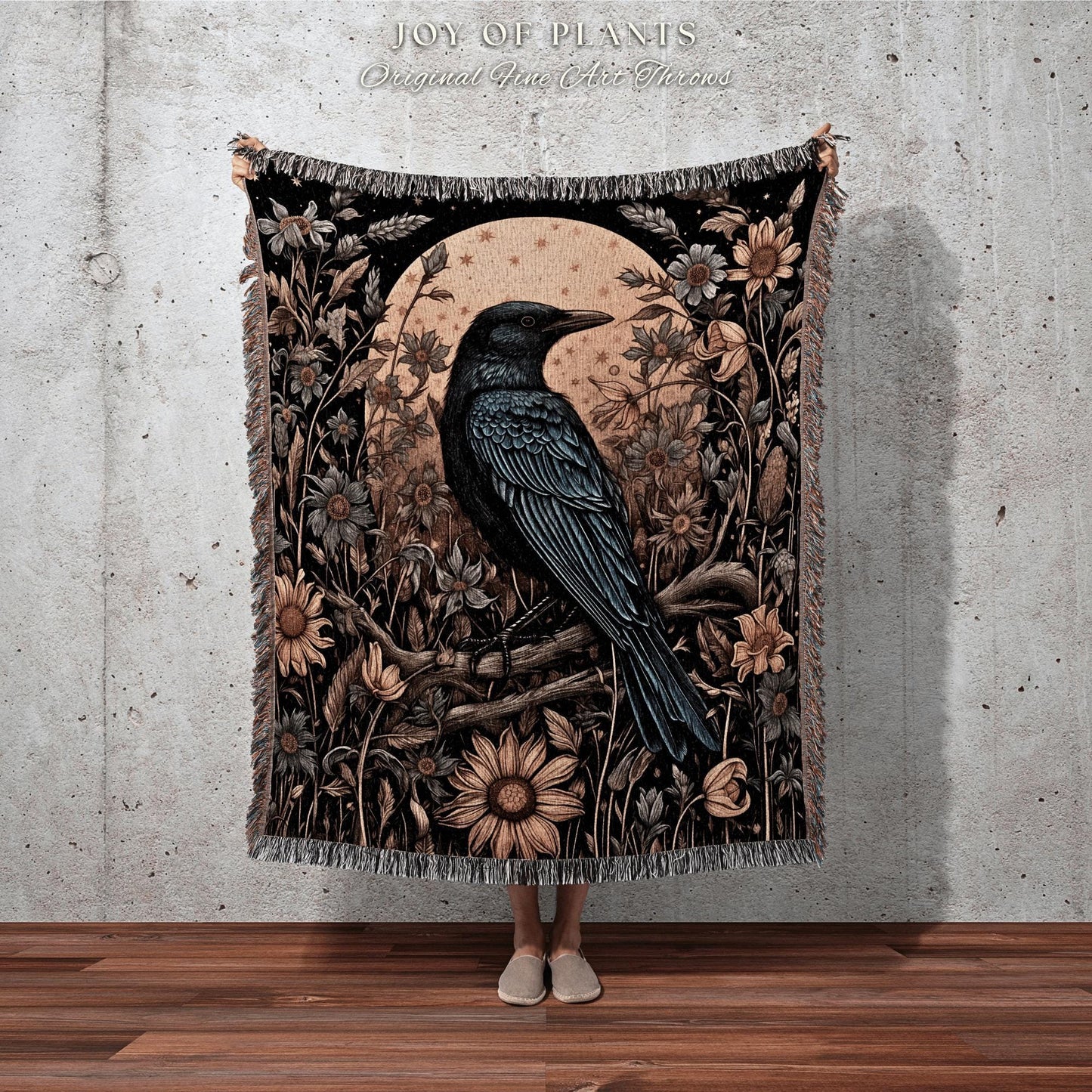 Woodland Gothic Cozy Dark Floral Crow Blanket Celestial Forestcore Raven Tapestry Throw Whimsical Crowcore Vulture Culture Whimsigoth Decor