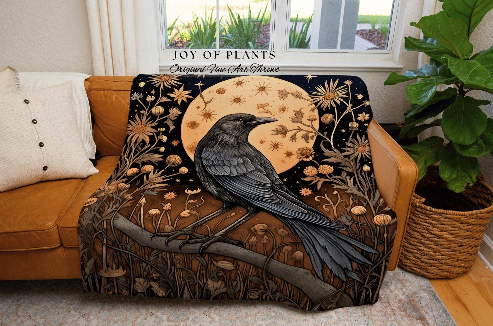 Rustic Raven Woven Throw Vintage Moon Celestial Dark Cottagecore Art | Dark Floral Forestcore Tapestry Blanket Grunge Fairycore Crow Decor