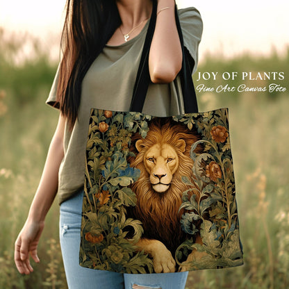 Lion Tote Bag Dark Botanical | William Morris Inspired Tote Bag Cottagecore Satchel Maximalist Woven Tapestry Tote Jungle Aesthetic Lion Bag