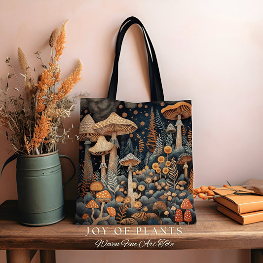 Mushroom Forest Ethereal Tote | Forestcore Gift for Witch Fairy Mystical Bag Woven Dark Cottagecore Satchel Mycology Gift for Forager Cute