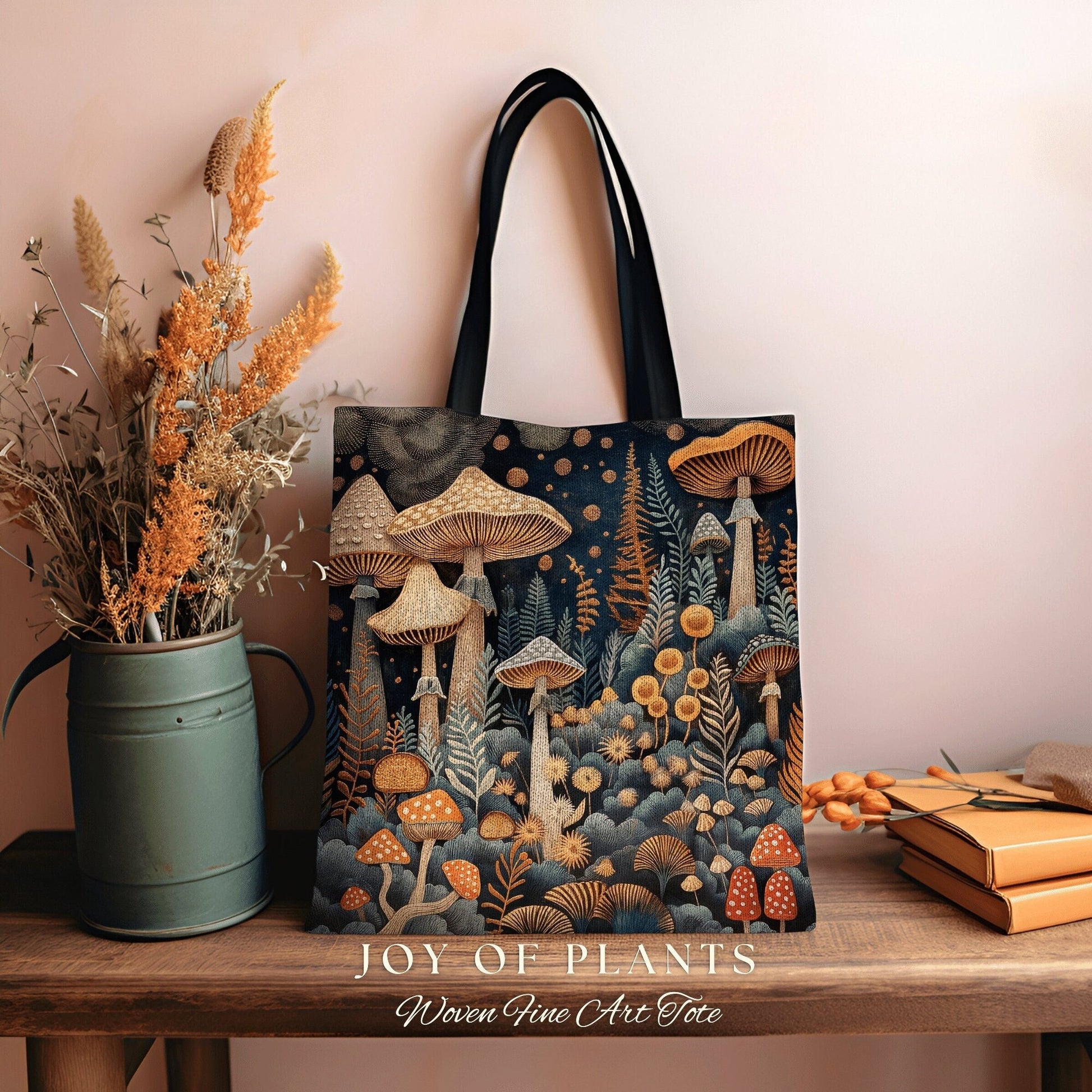 Mushroom Forest Ethereal Tote | Forestcore Gift for Witch Fairy Mystical Bag Woven Dark Cottagecore Satchel Mycology Gift for Forager Cute