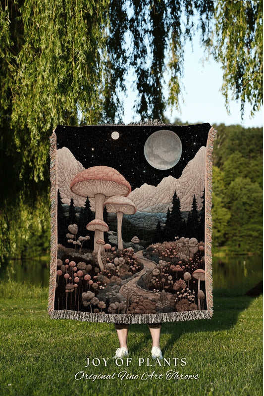 Celestial Mushroom Landscape Tapestry | Cottagecore Fairytale Blanket Mystical Room Decor Mushroomcore Whimsical Gift for Mushroom Lover