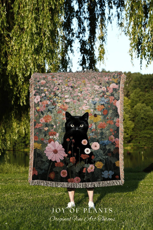 Wildflower Cat Blanket Vintage Wall Art Fall Decor Tapestry Woven Throw Blanket | Black Cat Woven Blanket Boho Halloween Cat Cottagecore |