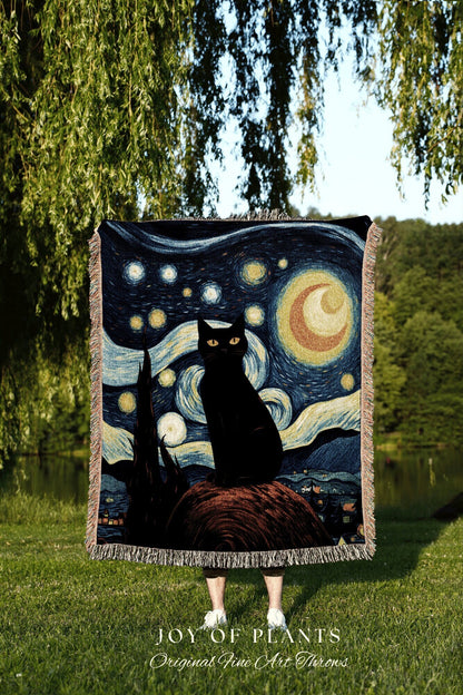 Black Cat Starry Night Tapestry Art Famous Painting Decor Tapestry Black Cat Woven Blanket | Art History Gift Cat Vincent Van Gogh Tapestry