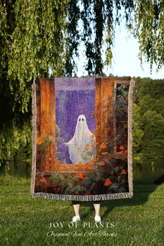 Pastel Goth Art Floral Ghost Blanket Woven Throw | Macabre Wall Art Plant Lover Decor Spooky Ghost Tapestry Gift for Goth Dark Cottagecore |