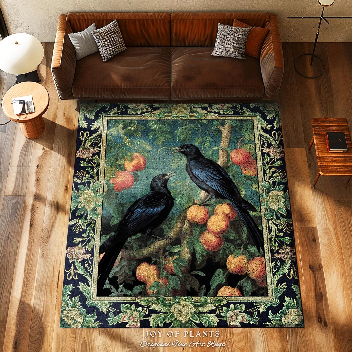 Dark Botanical Black Raven Rug Gothic Forestcore Home Decor | Dark Academia Crowcore Decor Whimsigoth Aesthetic Bird Art Decorative Area Rug