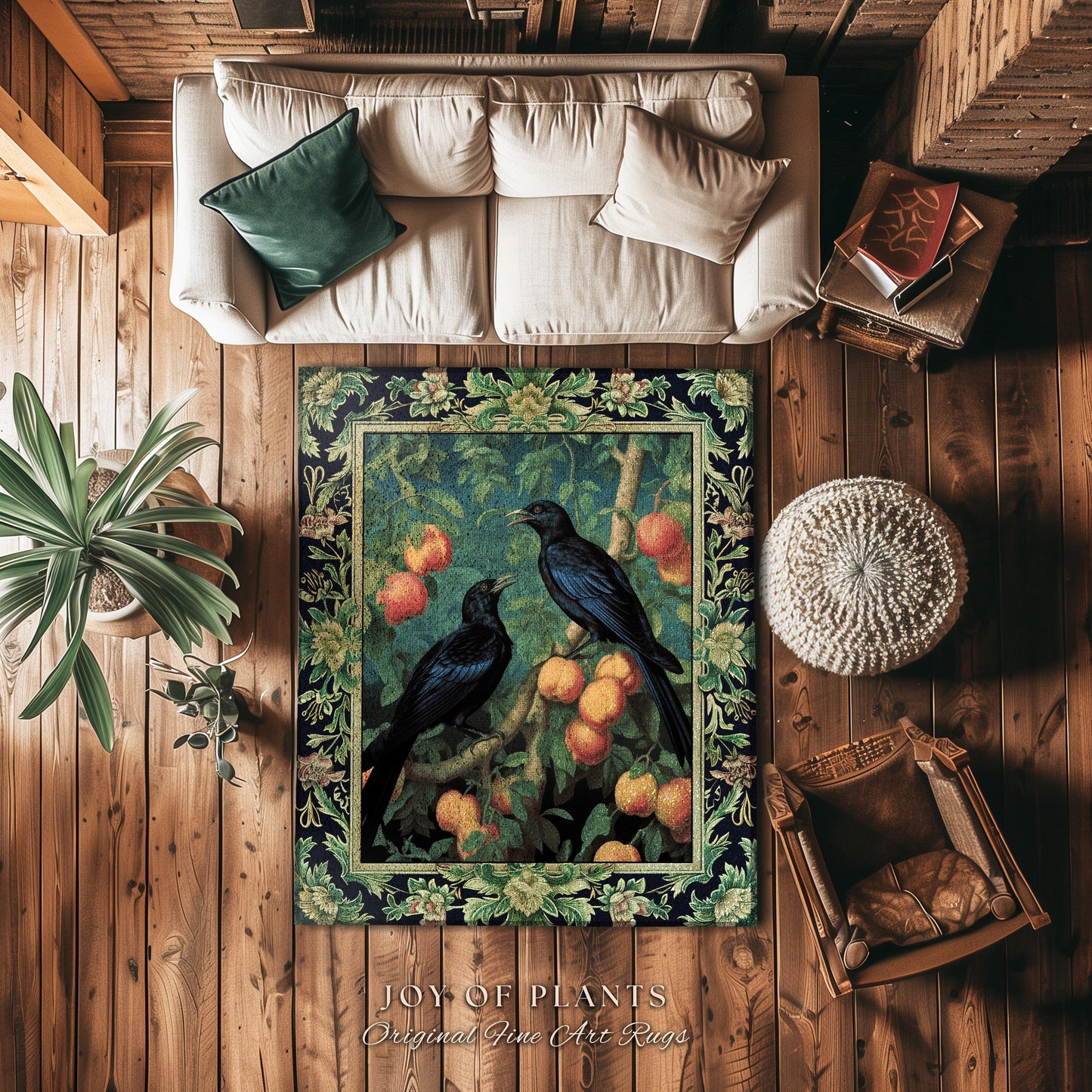 Dark Botanical Black Raven Rug Gothic Forestcore Home Decor | Dark Academia Crowcore Decor Whimsigoth Aesthetic Bird Art Decorative Area Rug