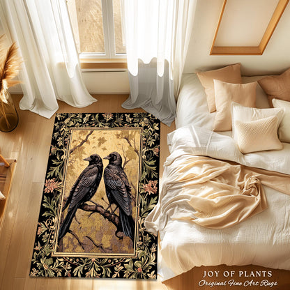 Golden Gothic Raven Rug Whimsical Cottagecore Botanical Decor | Witchy Cottage Aesthetic Vintage Crowcore Rustic Farmhouse Style