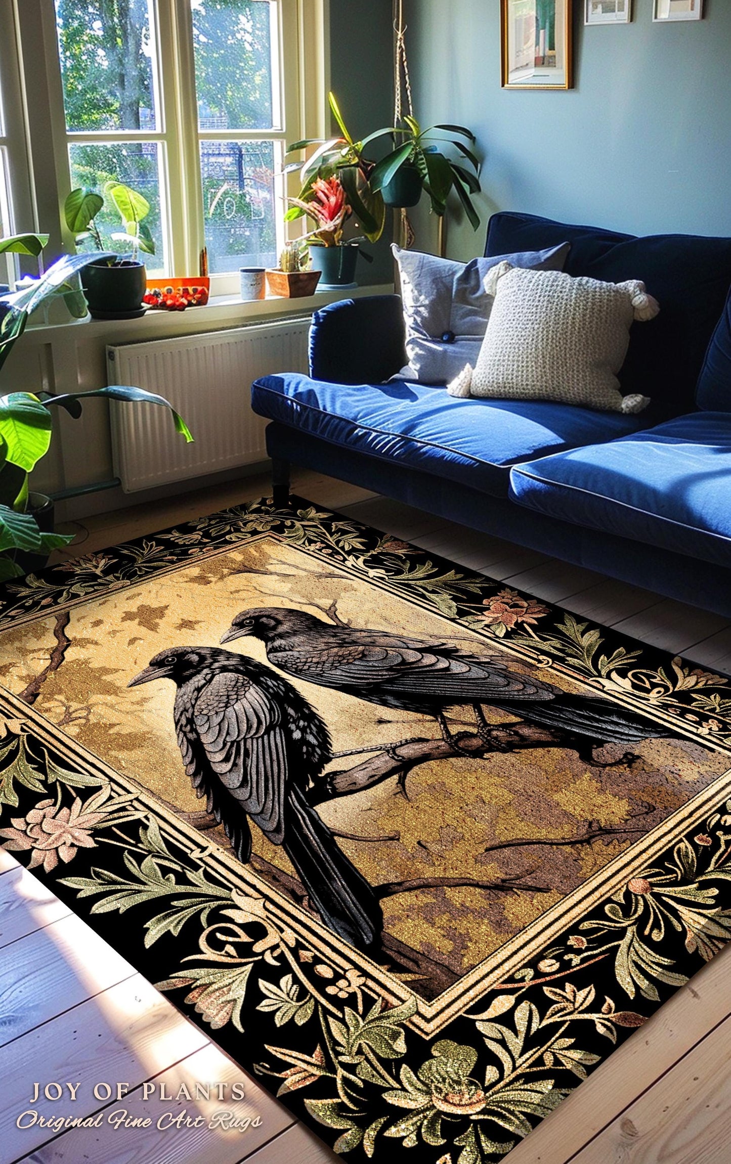 Golden Gothic Raven Rug Whimsical Cottagecore Botanical Decor | Witchy Cottage Aesthetic Vintage Crowcore Rustic Farmhouse Style