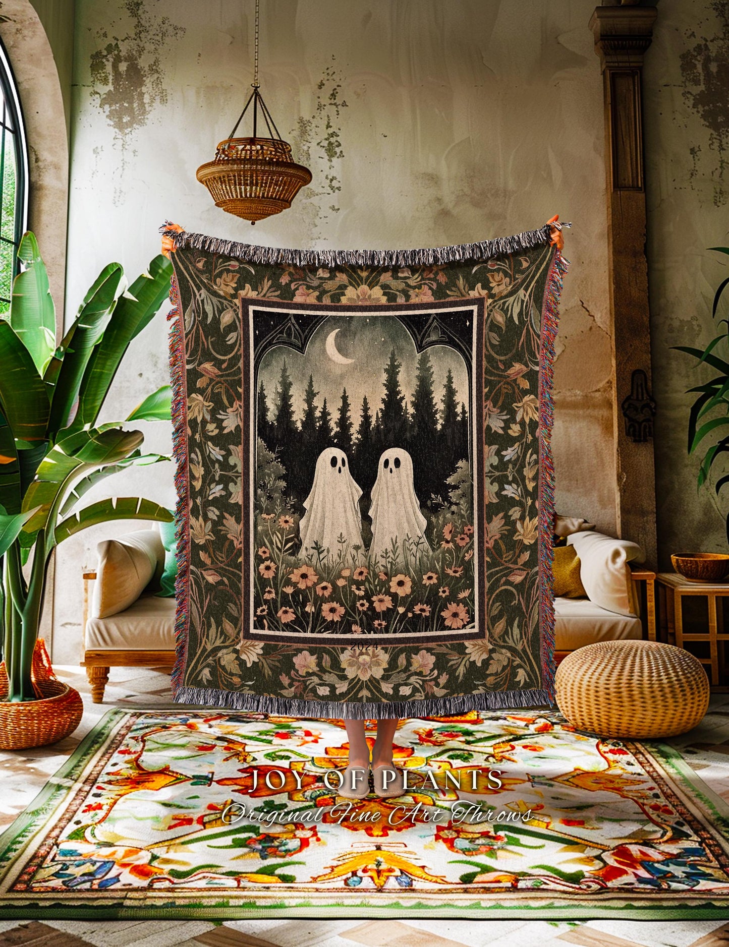 Vintage Aesthetic Ghost Friend Tapestry Floral Woven Throw Blanket Macabre Wall Art Ghost Decor Spooky Tapestry Halloween Goth Bedroom Decor