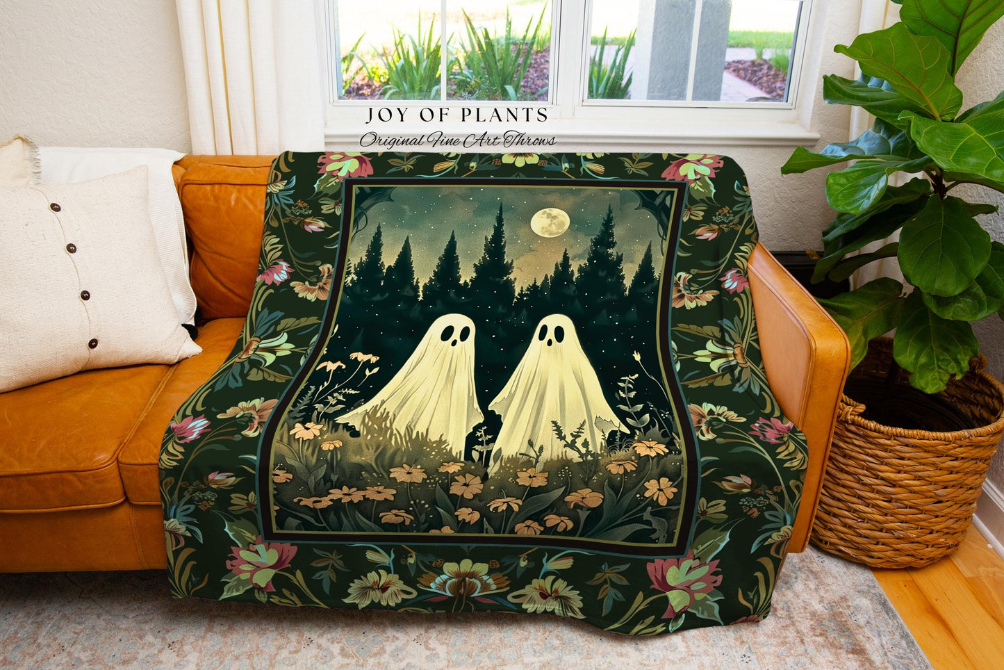 Floral Landscape Halloween Ghost Friends | Woven Throw Blanket Macabre Wall Art Ghost Decor Spooky Tapestry Gift for Halloween Gothic Art |