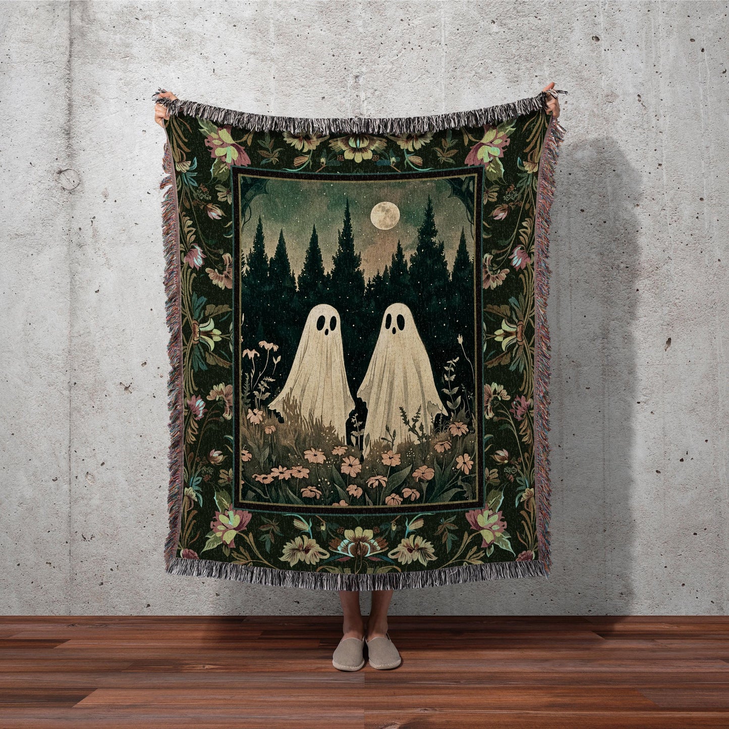 Floral Landscape Halloween Ghost Friends | Woven Throw Blanket Macabre Wall Art Ghost Decor Spooky Tapestry Gift for Halloween Gothic Art |