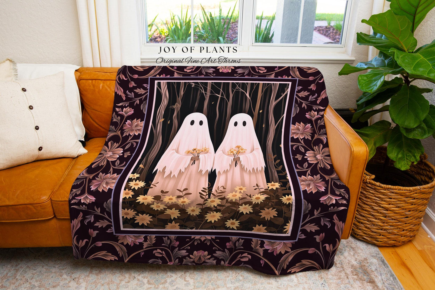 Whimsical Ghost Friends Blanket Woven Throw Dark Cottagecore Wall Art Ghost Decor Spooky Tapestry Gift for Halloween Dark Floral Whimsigoth