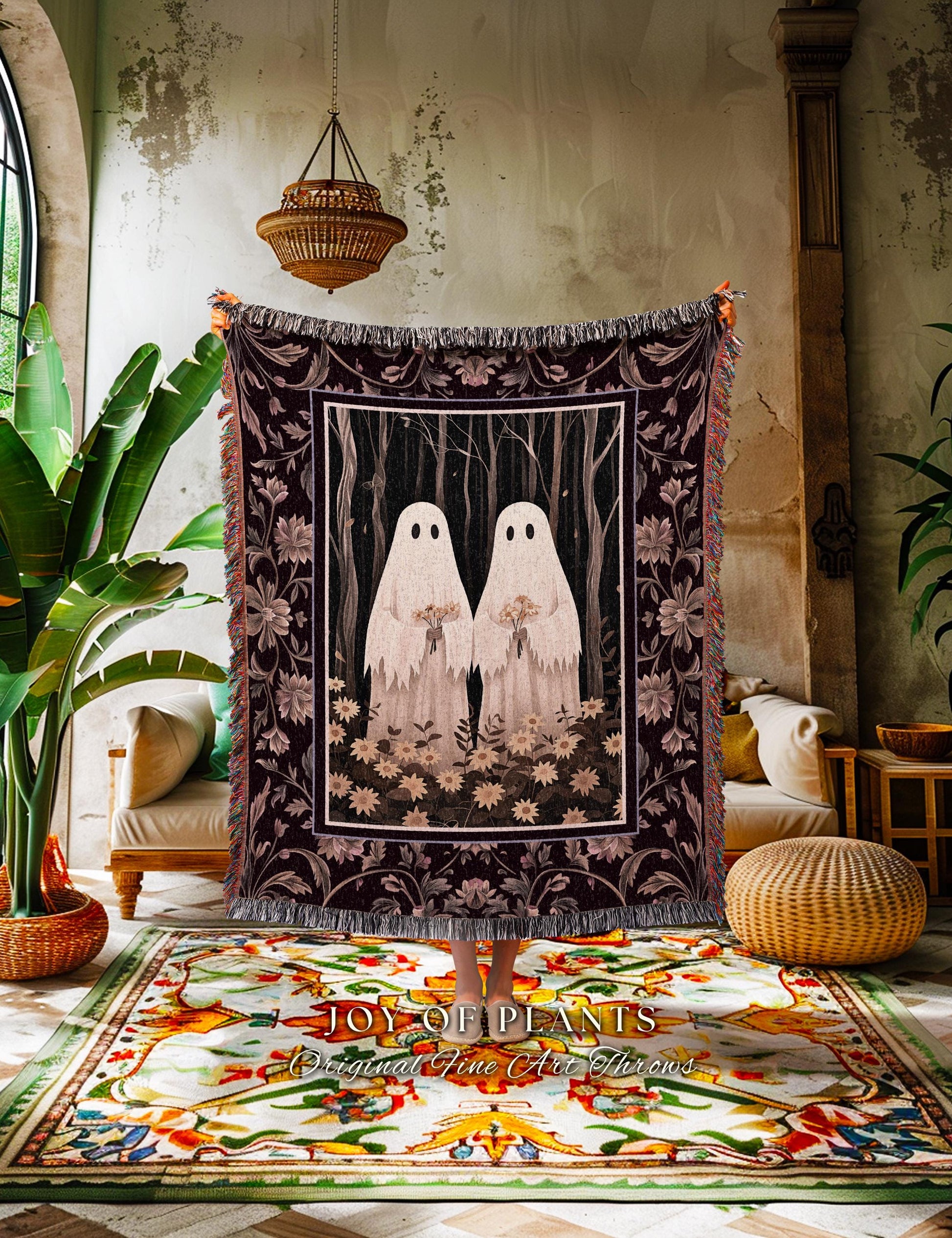 Whimsical Ghost Friends Blanket Woven Throw Dark Cottagecore Wall Art Ghost Decor Spooky Tapestry Gift for Halloween Dark Floral Whimsigoth