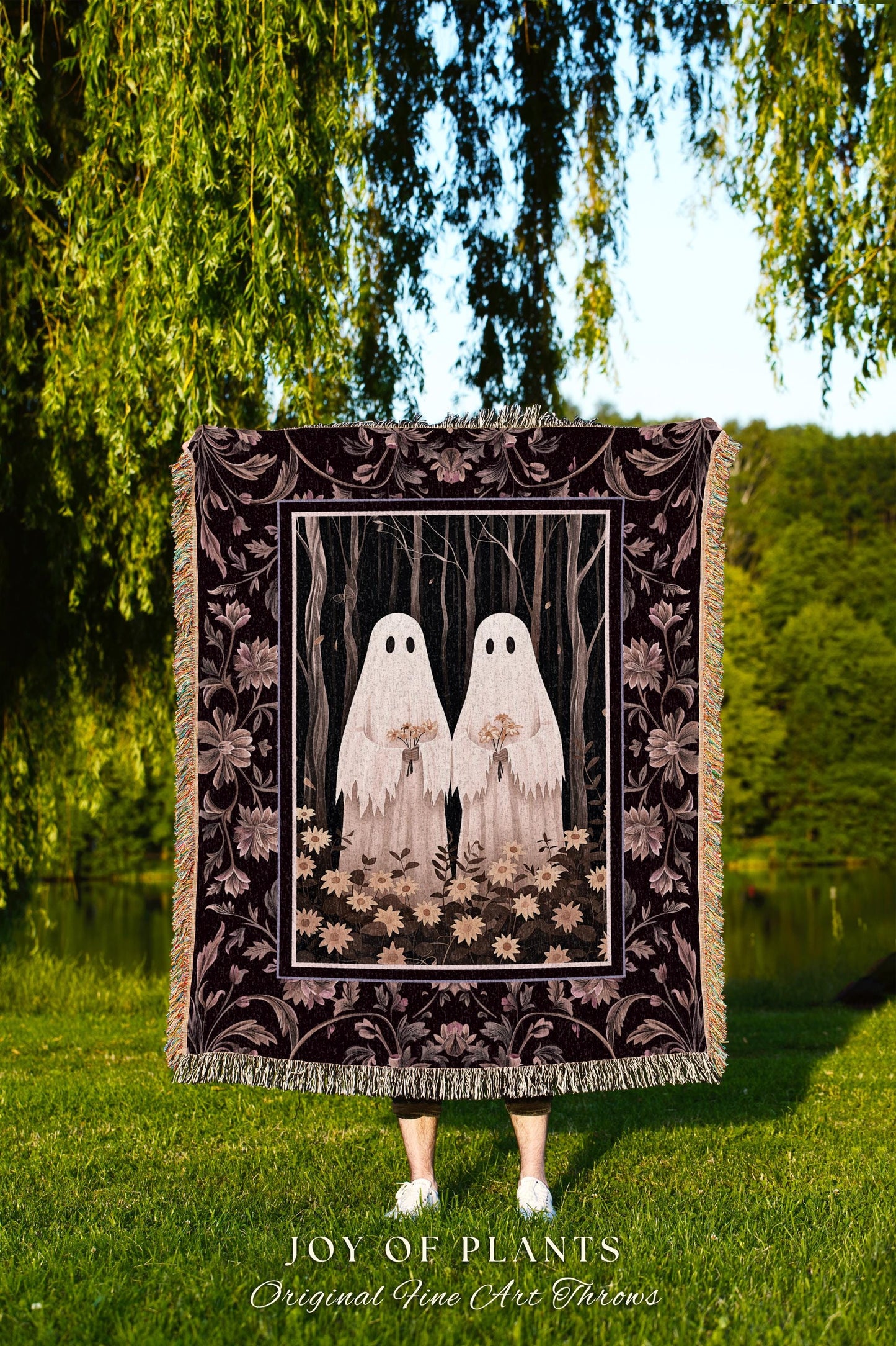 Whimsical Ghost Friends Blanket Woven Throw Dark Cottagecore Wall Art Ghost Decor Spooky Tapestry Gift for Halloween Dark Floral Whimsigoth