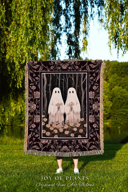 Whimsical Ghost Friends Blanket Woven Throw Dark Cottagecore Wall Art Ghost Decor Spooky Tapestry Gift for Halloween Dark Floral Whimsigoth