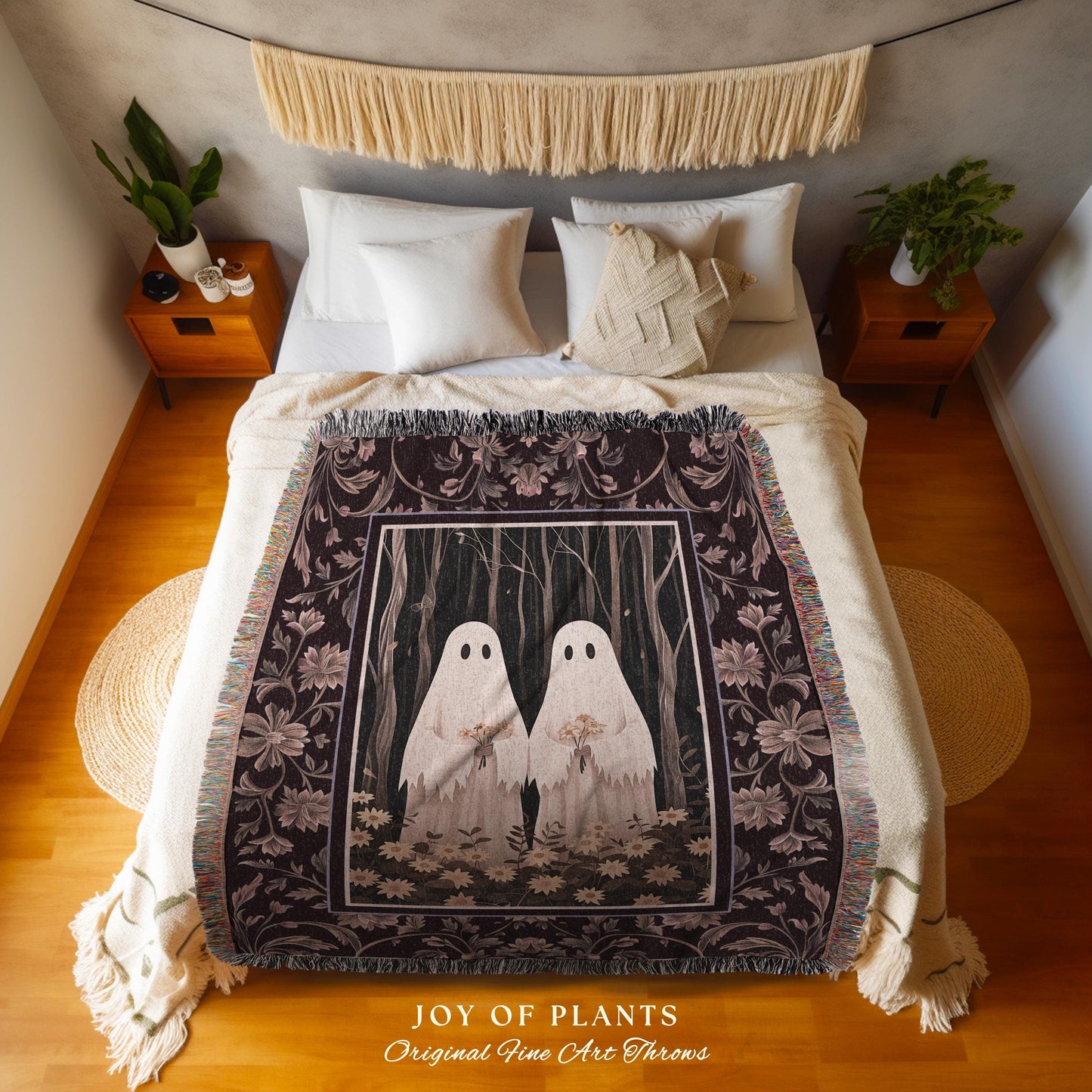 Whimsical Ghost Friends Blanket Woven Throw Dark Cottagecore Wall Art Ghost Decor Spooky Tapestry Gift for Halloween Dark Floral Whimsigoth