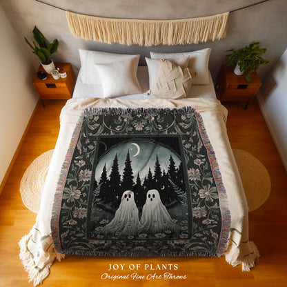 Celestial Ghost Tapestry Woven Throw Blanket Moody Ethereal Wall Art Cute Ghost Gift Floral Dark Cottagecore Bedroom Decor Spooky Blanket