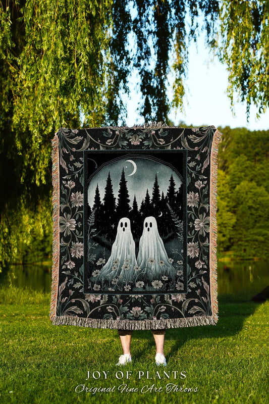 Celestial Ghost Tapestry Woven Throw Blanket Moody Ethereal Wall Art Cute Ghost Gift Floral Dark Cottagecore Bedroom Decor Spooky Blanket