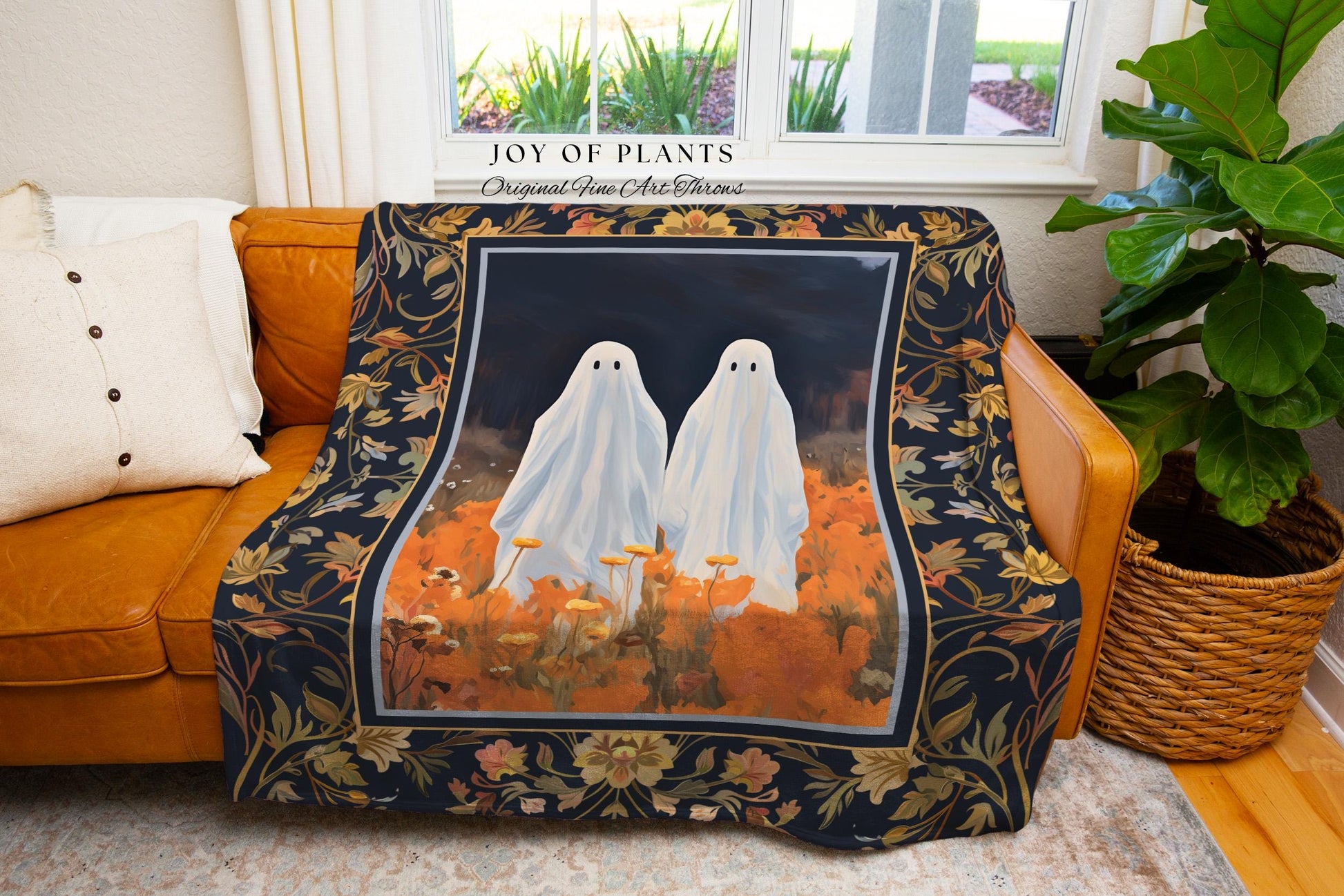 Spooky Cute Ghost Tapestry Whimsigothic Art Halloween Cute Ghost Blanket Woven Tapestry Fall Floral Gothic Decor Dark Cottagecore Wall Art