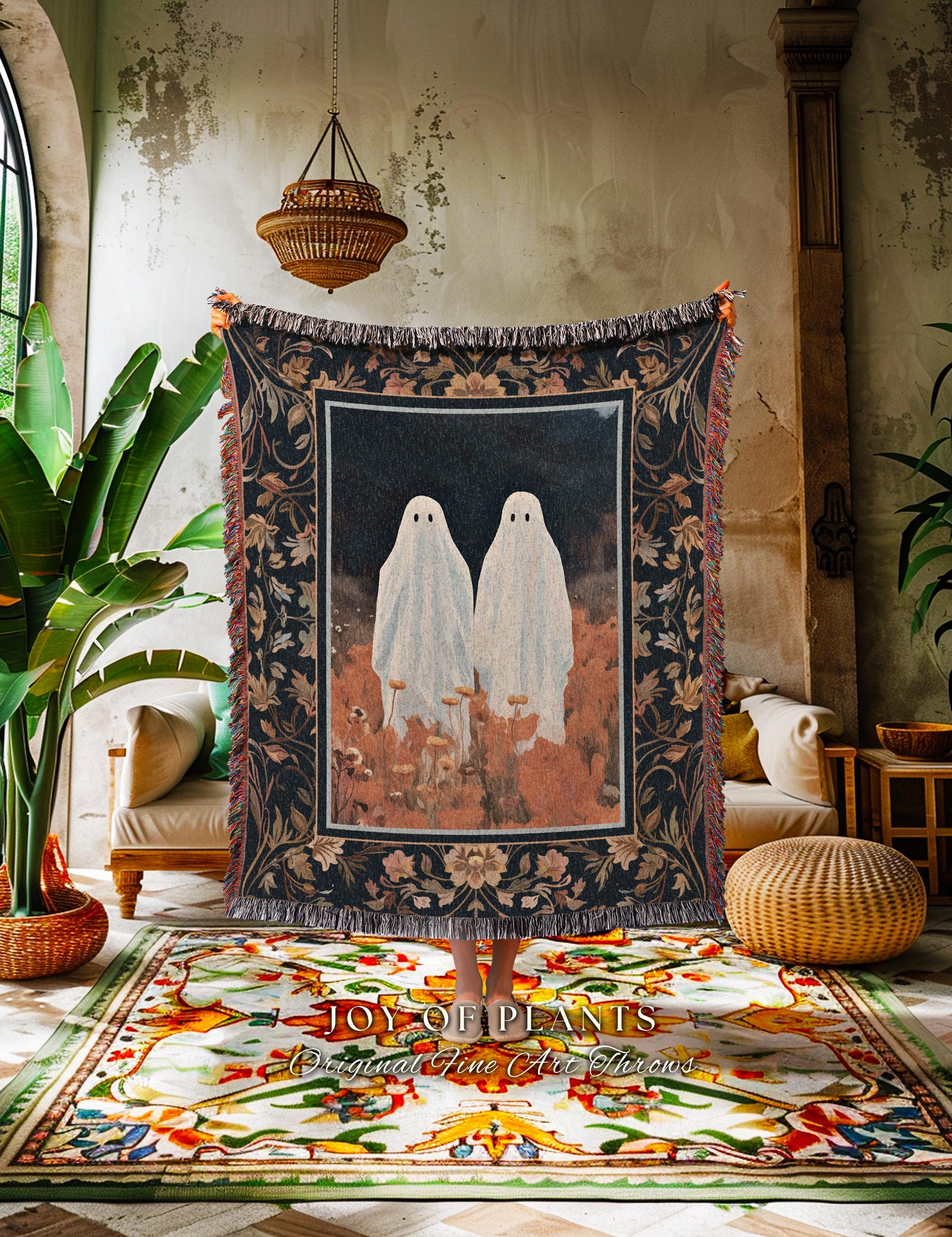 Spooky Cute Ghost Tapestry Whimsigothic Art Halloween Cute Ghost Blanket Woven Tapestry Fall Floral Gothic Decor Dark Cottagecore Wall Art