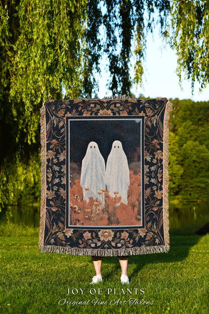 Spooky Cute Ghost Tapestry Whimsigothic Art Halloween Cute Ghost Blanket Woven Tapestry Fall Floral Gothic Decor Dark Cottagecore Wall Art