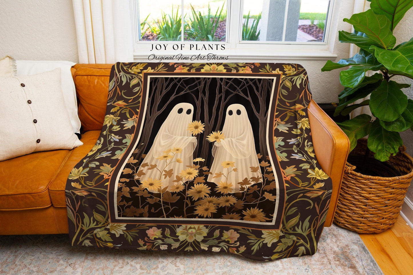 Vintage Aesthetic Ghost Couple Woven Throw Blanket Floral Fall Halloween Decor Ghost Art Tapestry Whimsigothic Decor Gift for Spooky Season