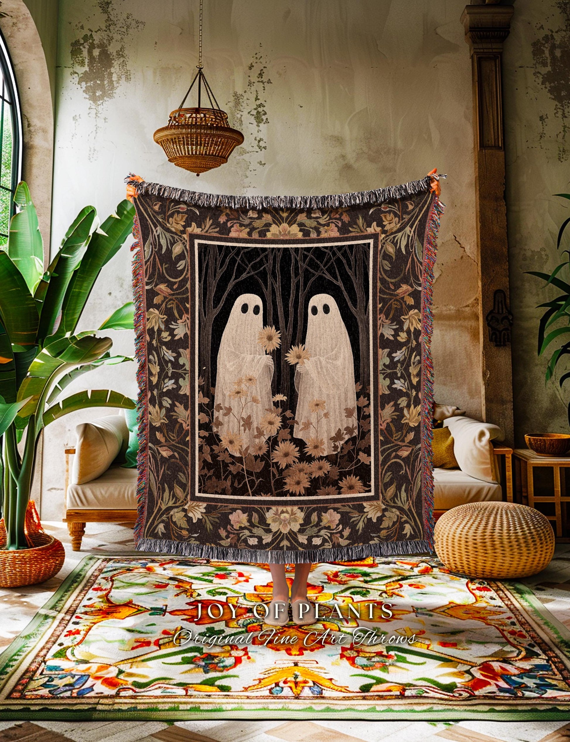 Vintage Aesthetic Ghost Couple Woven Throw Blanket Floral Fall Halloween Decor Ghost Art Tapestry Whimsigothic Decor Gift for Spooky Season