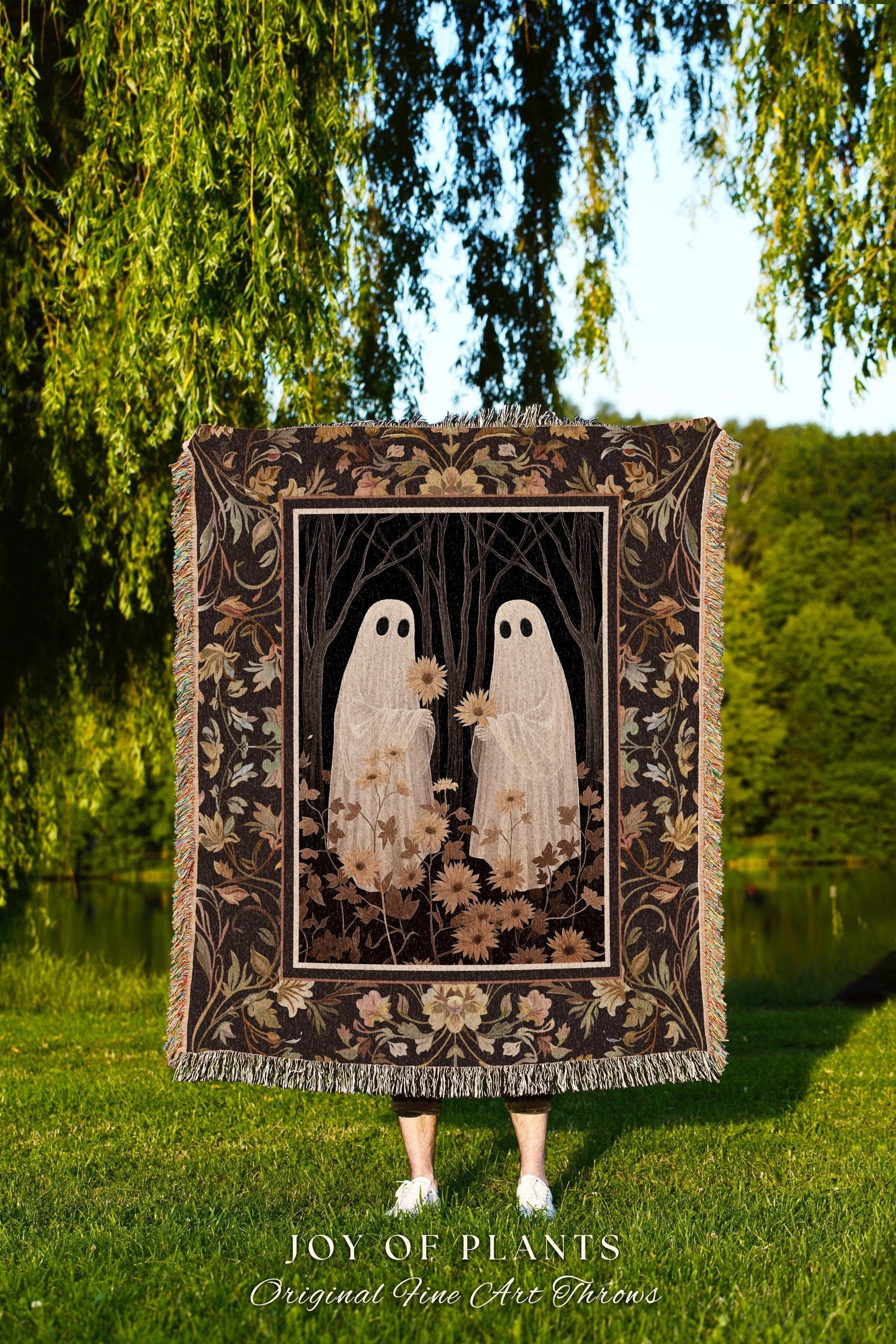 Vintage Aesthetic Ghost Couple Woven Throw Blanket Floral Fall Halloween Decor Ghost Art Tapestry Whimsigothic Decor Gift for Spooky Season