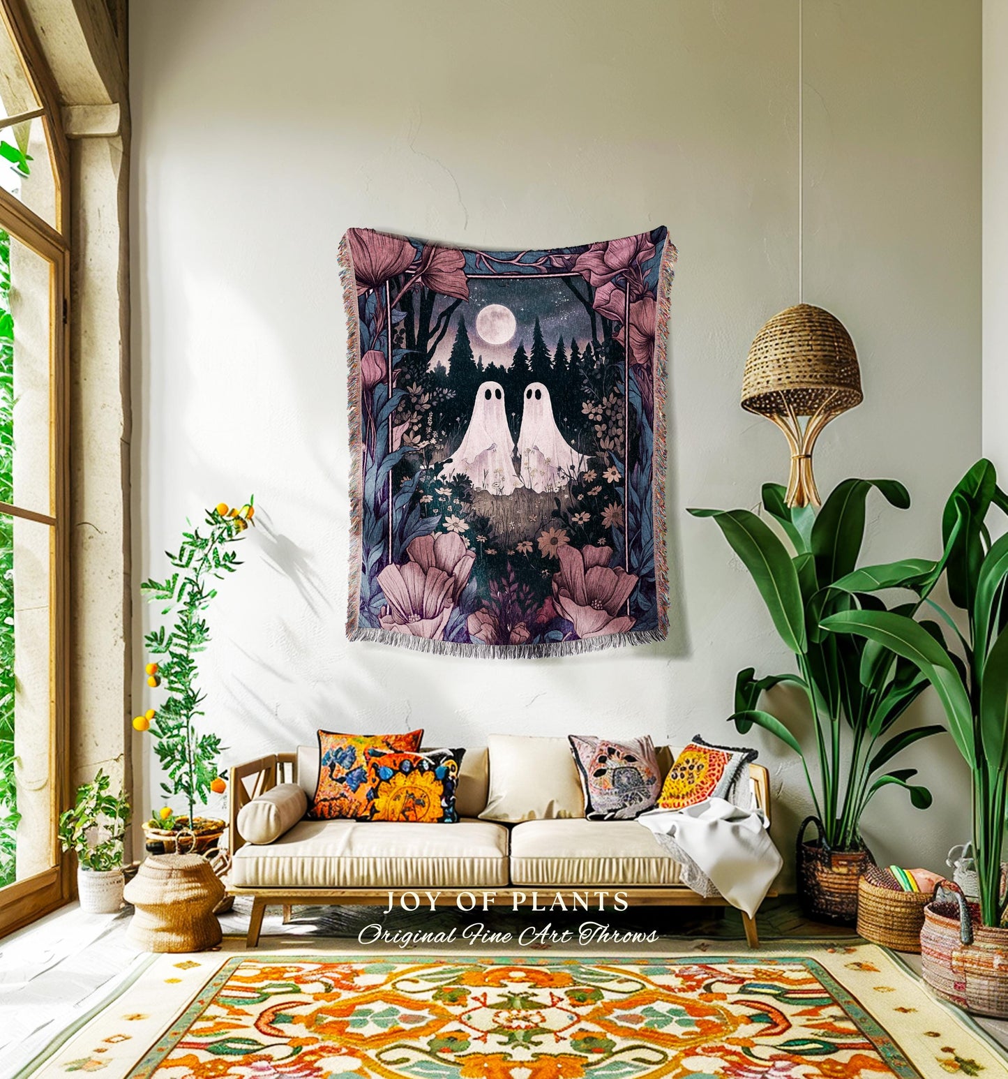 Dark Floral Whimsigoth Ghost Friends Blanket Full Moon Spooky Tapestry Celestial Ghost Gift Fairycore Woven Throw Blanket Cottagecore Decor