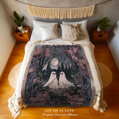 Dark Floral Whimsigoth Ghost Friends Blanket Full Moon Spooky Tapestry Celestial Ghost Gift Fairycore Woven Throw Blanket Cottagecore Decor